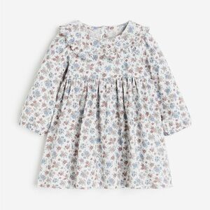H&M Floral Ruffle-Collar Dress - White with Blue & Brown Flowers